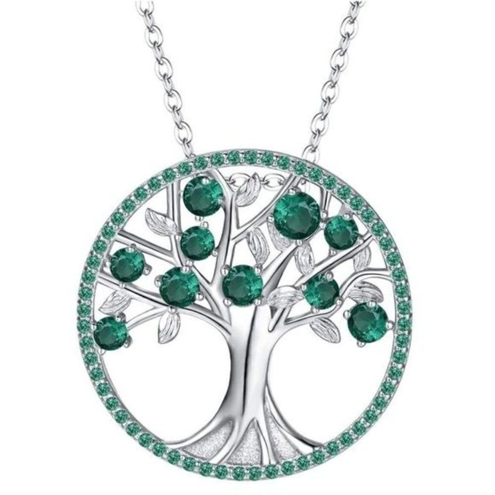 .925 Sterling Silver and Emerald Cubic Zirconia Tree of Life Pendant Necklace